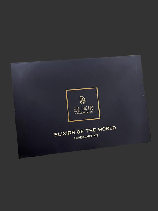 Black box with gold text and 'Elixir' logo on a black background