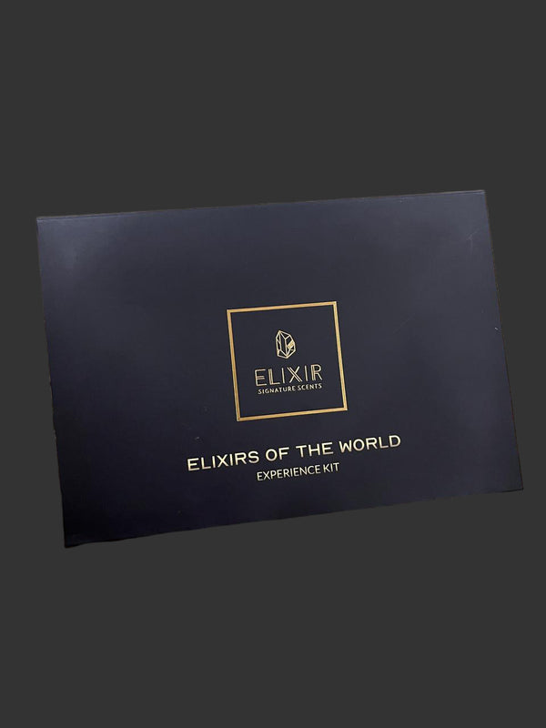 Black box with gold text and 'Elixir' logo on a black background